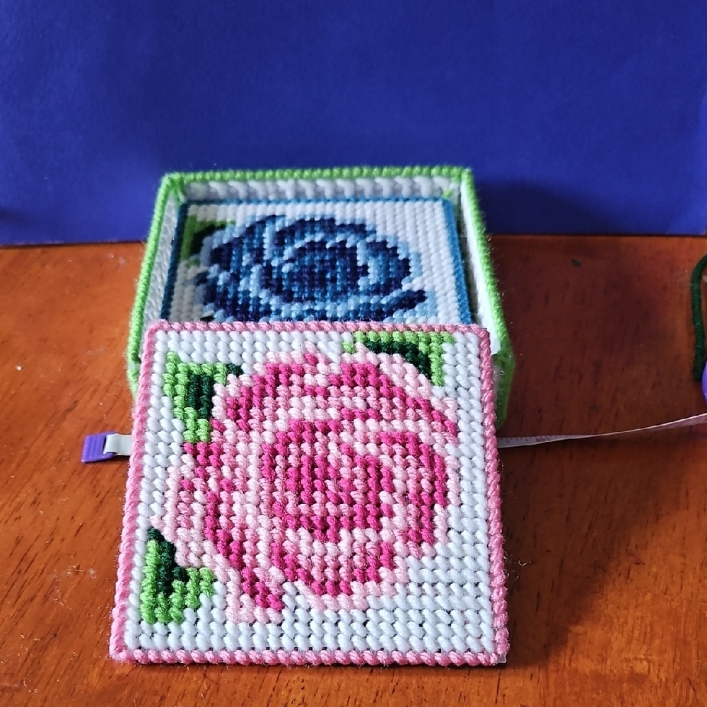 Handcrafted Floral Needlepoint Coasters - Pink and Blue